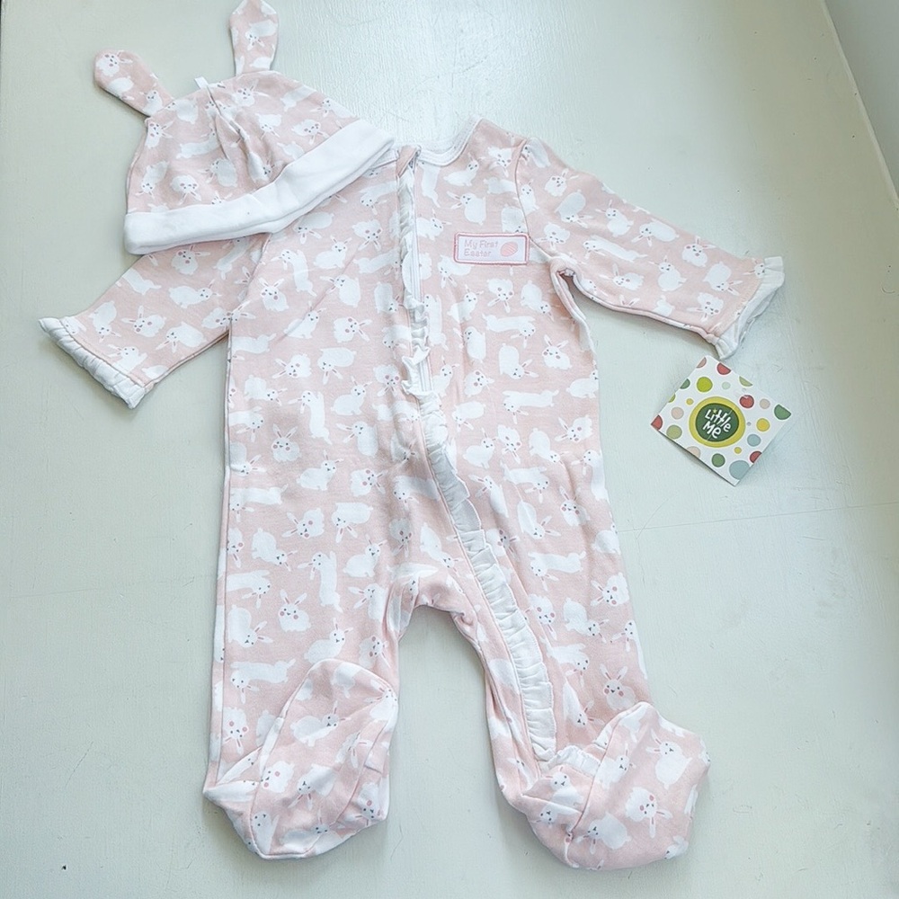 NWT Little Me Pink Bunny Footie & Bunny Ear Hat Set 0-3M Baby Girl Easter